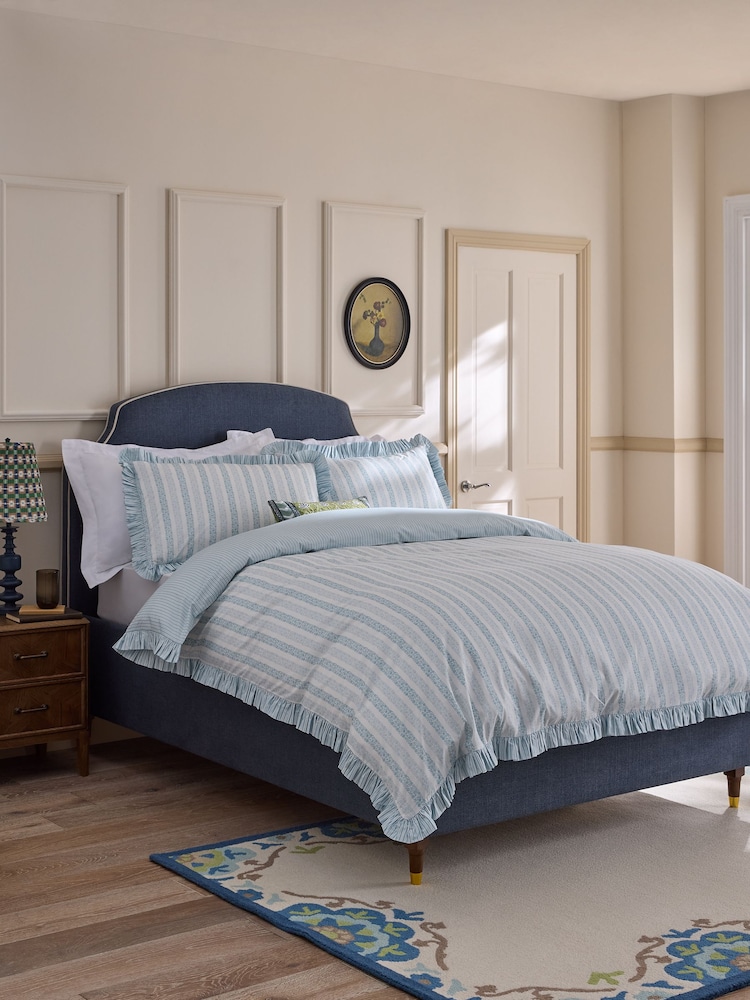 Nina Campbell Blue Melton Stripe Frill 200 Thread Count Duvet Cover and Pillowcase Set - Image 1 of 4 Nina Campbell Blue Melton Stripe Frill 200 Thread Count Duvet Cover and Pillowcase Set - Image 1 of 4