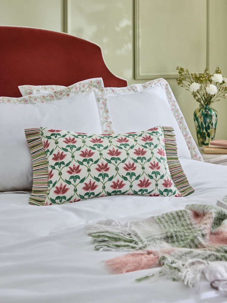 Nina Campbell Red Lotus Trellis Embroidered Feather Filled Cushion - Image 1 of 3