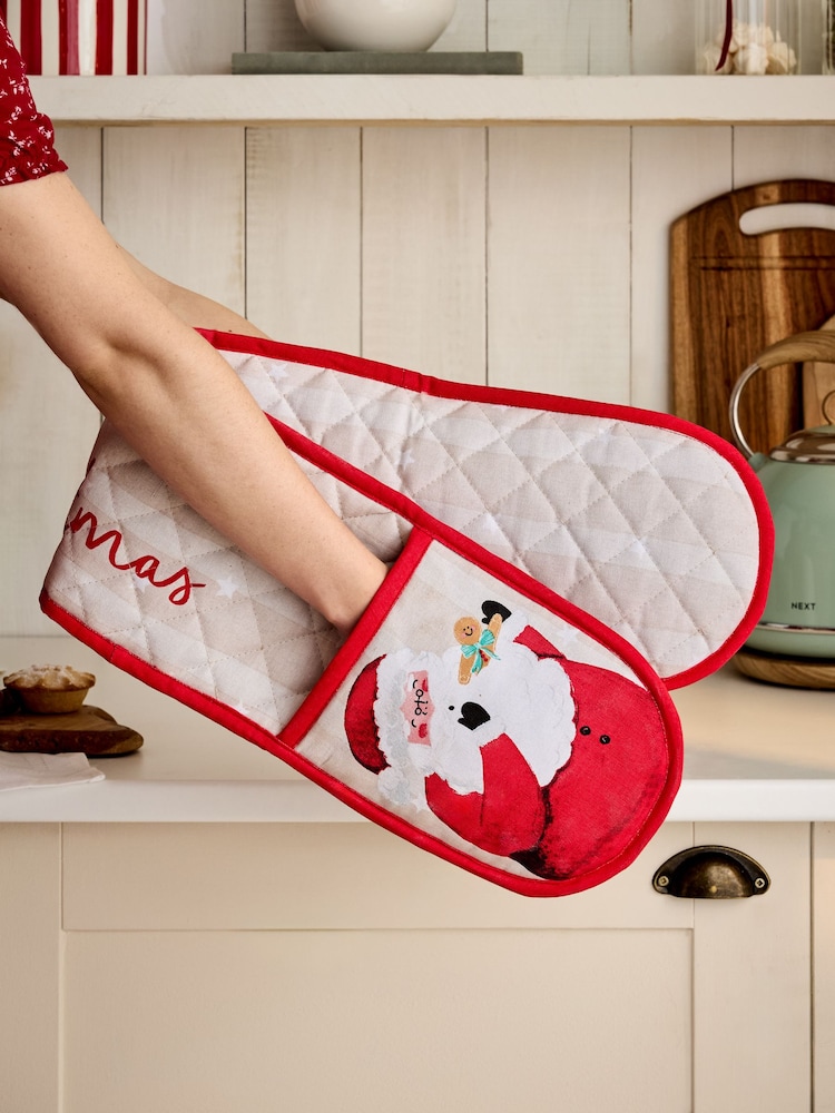 Red Christmas Santa Double Oven Gloves - Image 1 of 4 Red Christmas Santa Double Oven Gloves - Image 1 of 4