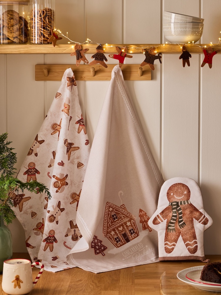 Set of 3 Natural Christmas Gingerbread Oven Mitt and Tea Towel Bundle - Image 1 of 3