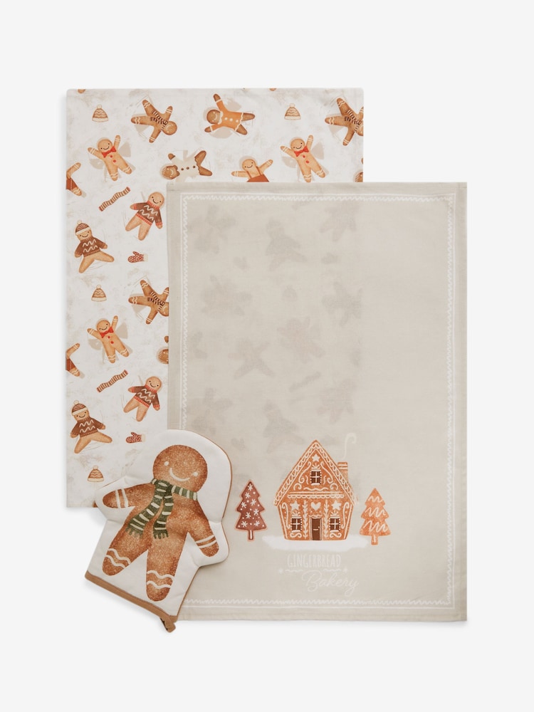 Set of 3 Natural Christmas Gingerbread Oven Mitt and Tea Towel Bundle - Image 3 of 3