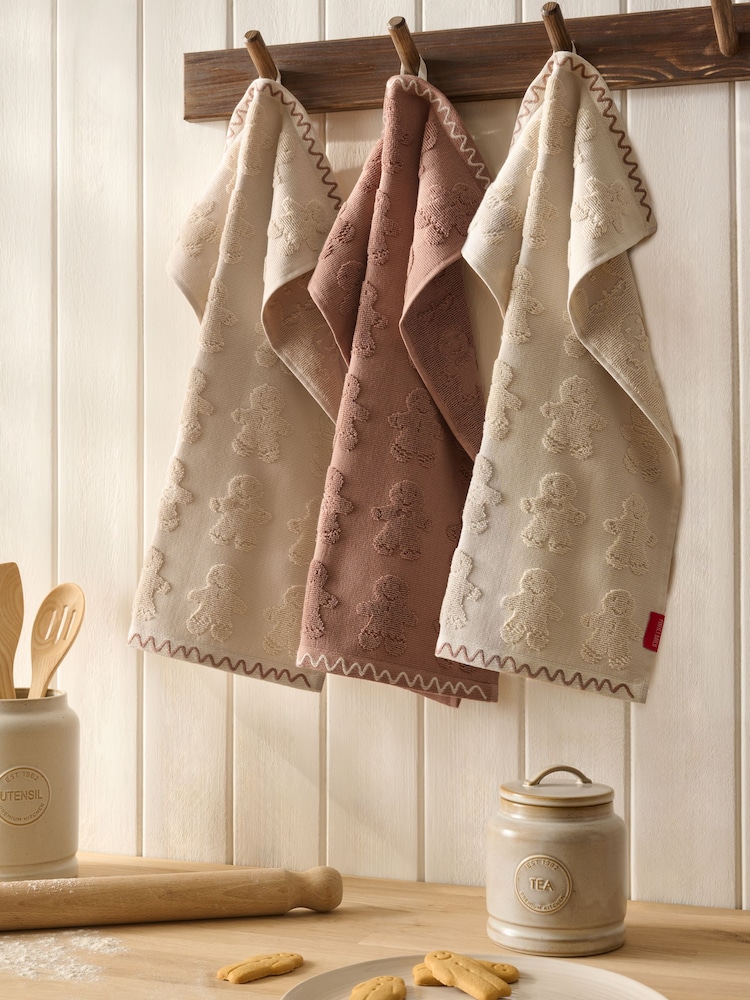 Set of 3 Natural Christmas Gingerbread Terry Tea Towels - Image 1 of 1