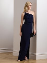Lauren Ralph Lauren Navy Belina One-Shoulder Jersey Evening Gown Dress - Image 1 of 5
