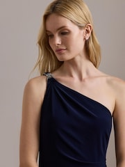 Lauren Ralph Lauren Navy Belina One-Shoulder Jersey Evening Gown Dress - Image 4 of 5
