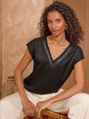 Love & Roses Black PU Trim Satin Jersey Top - Image 1 of 4