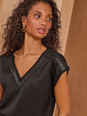 Love & Roses Black PU Trim Satin Jersey Top - Image 2 of 4