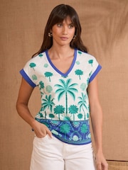Love & Roses Blue Tropical Palm Print V-Neck Jersey T-Shirt - Image 1 of 4
