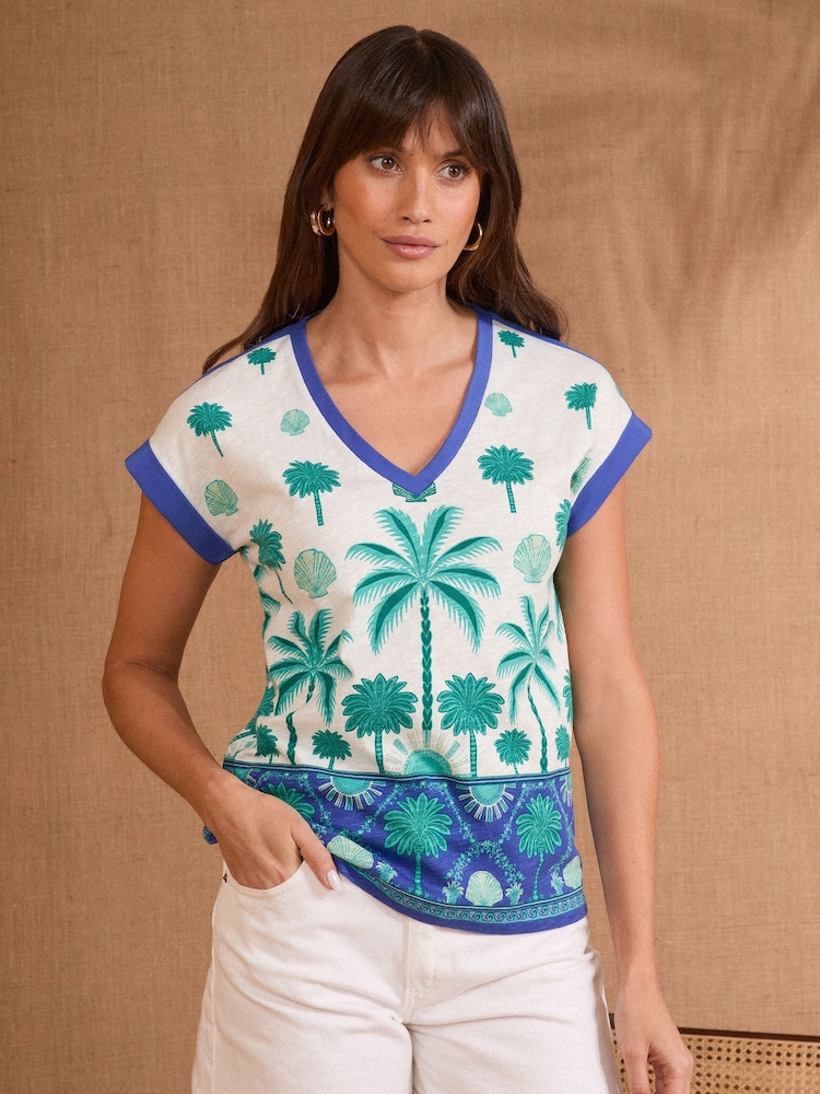 Love & Roses Blue Tropical Palm Print V-Neck Jersey T-Shirt - Image 1 of 4