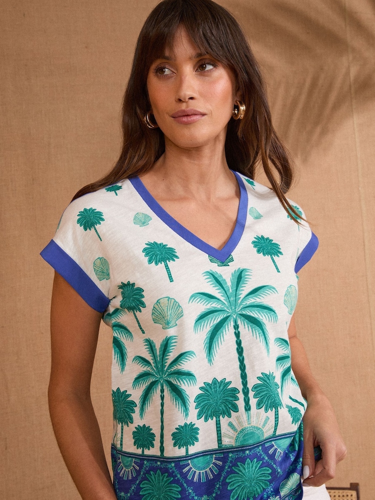 Love & Roses Blue Tropical Palm Print V-Neck Jersey T-Shirt - Image 2 of 4