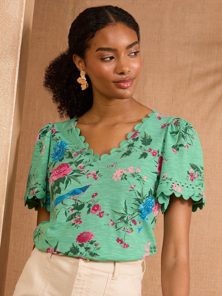 V&A | Love & Roses Green Floral V-Neck 100% Cotton T-Shirt - Image 1 of 1