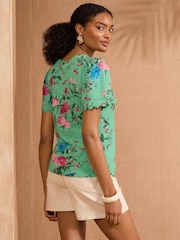 V&A | Love & Roses Green Floral V-Neck 100% Cotton T-Shirt - Image 4 of 4