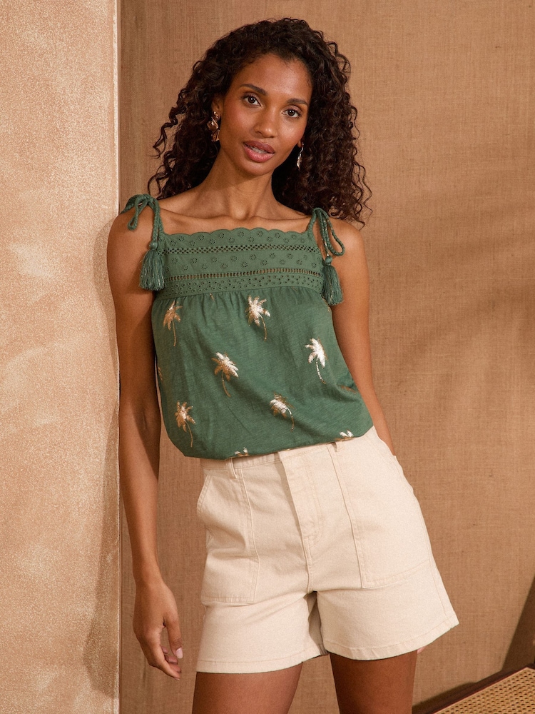 Love & Roses Palm Foil Khaki 100% Cotton Vest - Image 1 of 4