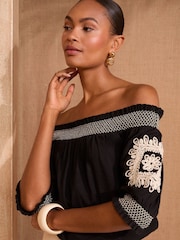 Love & Roses Black Floral Cornelli Embroidery Bardot Jersey Top - Image 1 of 4