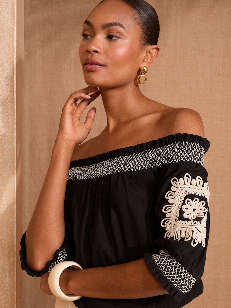 Love & Roses Black Floral Cornelli Embroidery Bardot Jersey Top - Image 1 of 4