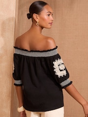 Love & Roses Black Floral Cornelli Embroidery Bardot Jersey Top - Image 4 of 4