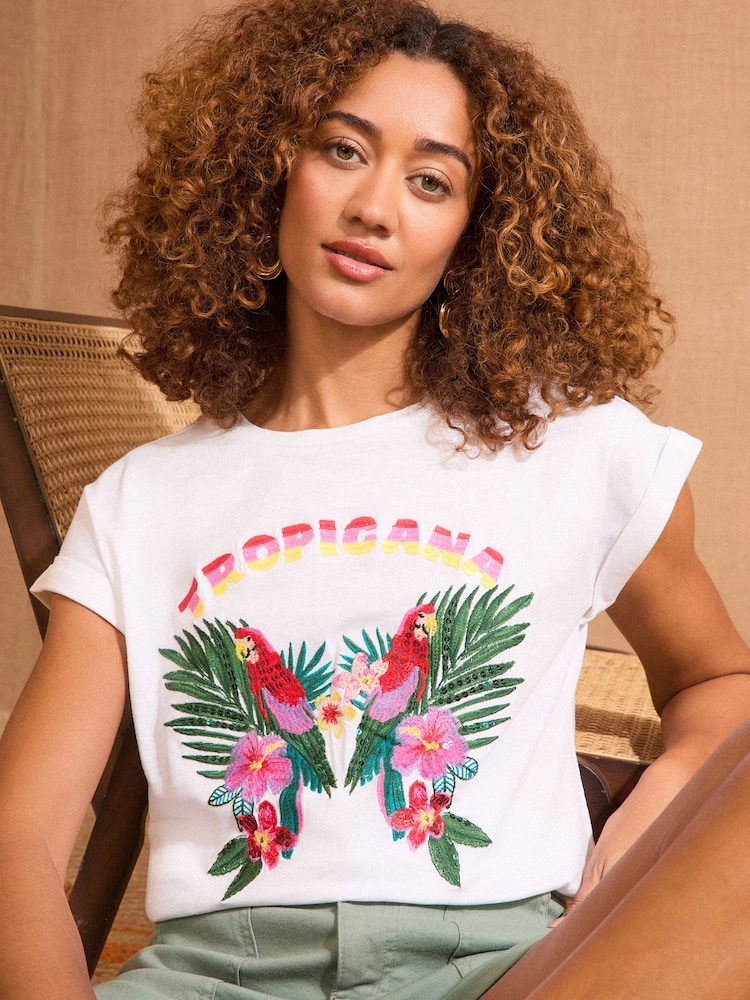 Love & Roses White Tropical Embroidered Crew Neck Jersey T-Shirt - Image 1 of 1