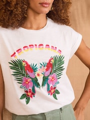 Love & Roses White Tropical Embroidered Crew Neck Jersey T-Shirt - Image 2 of 4