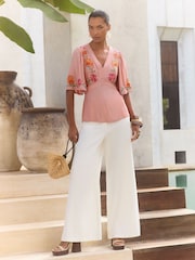 V&A I Love & Roses Pink Petite Short Sleeve Floral Print Embroidered Tea Top - Image 3 of 4