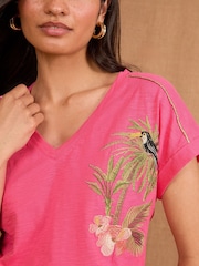 Love & Roses Bright Pink 100% Cotton Embroidered V-Neck Jersey T-Shirt - Image 2 of 4
