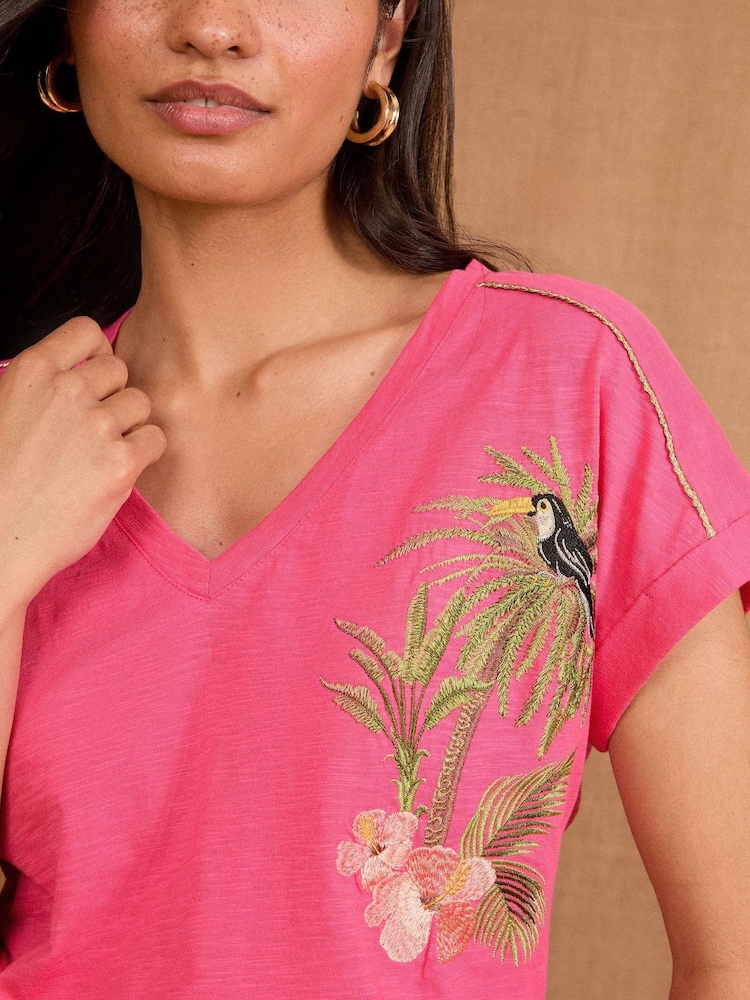 Love & Roses Bright Pink 100% Cotton Embroidered V-Neck Jersey T-Shirt - Image 2 of 4