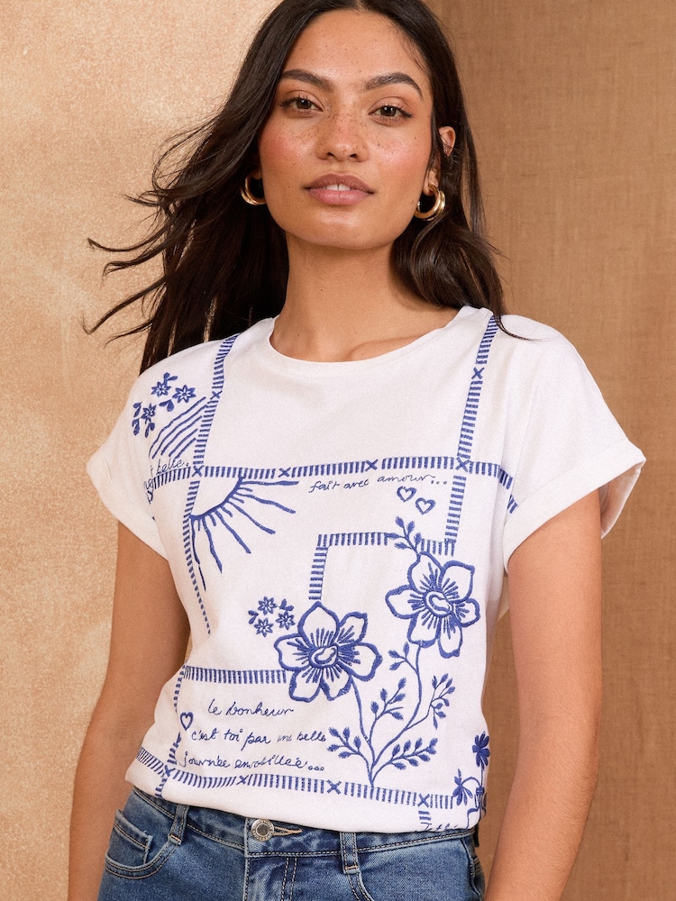 Bordado em branco e azul - Camiseta de gola redonda Love & Roses - Imagem 1 de 4