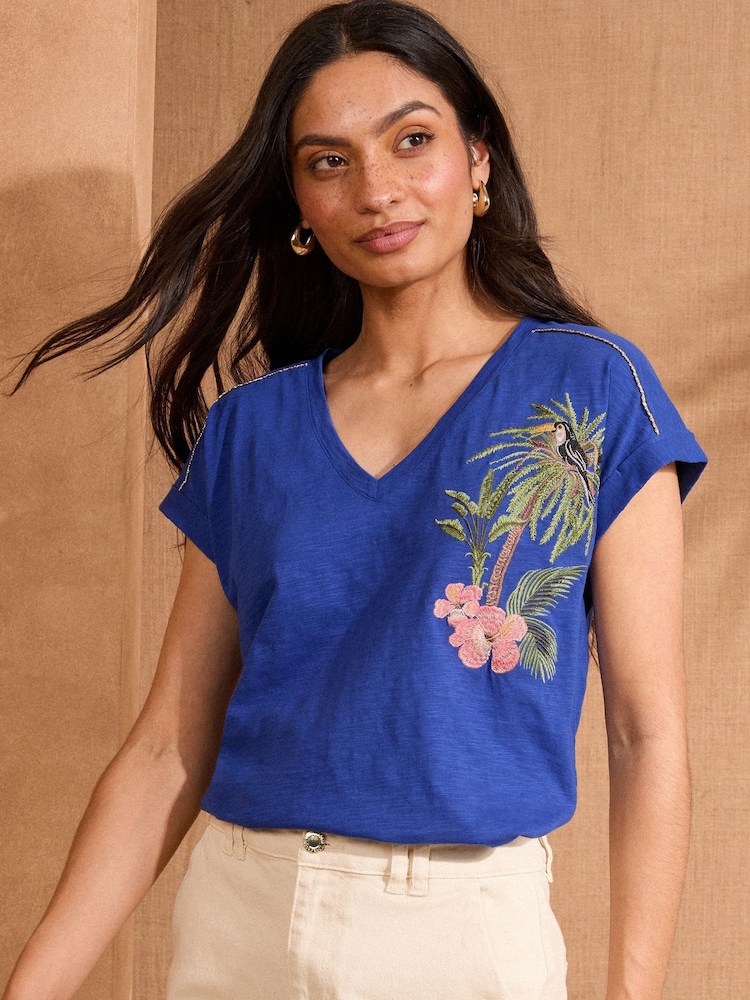 Love & Roses Cobalt Blue 100% Cotton Embroidered V-Neck Jersey T-Shirt - Image 1 of 4