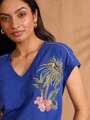 Love & Roses Cobalt Blue 100% Cotton Embroidered V-Neck Jersey T-Shirt - Image 2 of 4