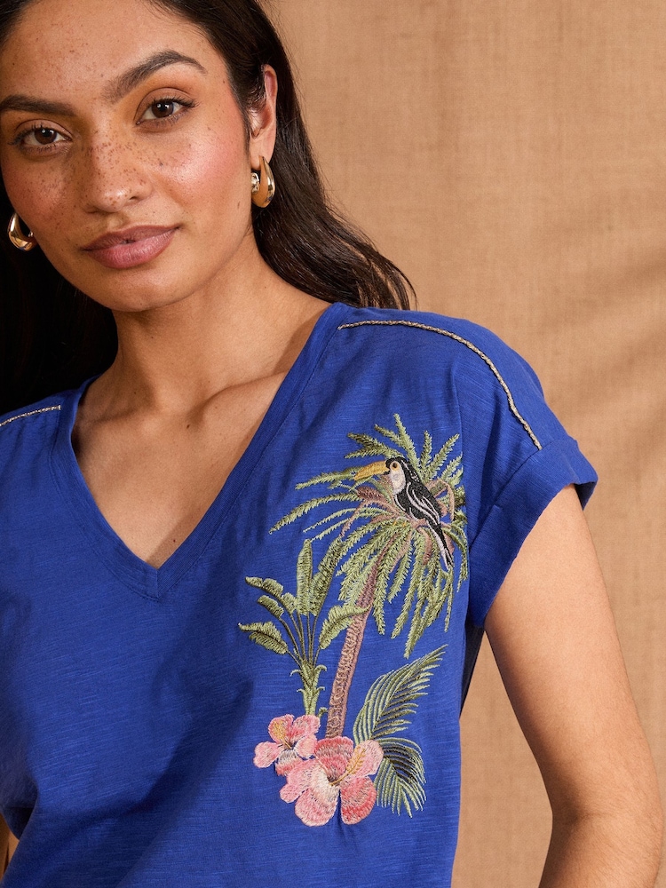 Love & Roses Cobalt Blue 100% Cotton Embroidered V-Neck Jersey T-Shirt - Image 2 of 4