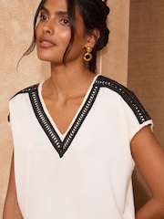 Love & Roses Ivory PU Trim Satin Jersey Top - Image 2 of 4