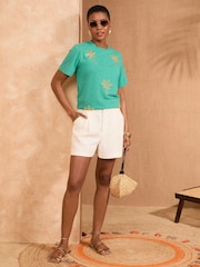 Love & Roses Aqua Embellished Palm Crew Neck T-Shirt - Image 3 of 4