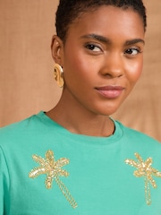 Love & Roses Aqua Embellished Palm Crew Neck T-Shirt - Image 4 of 4