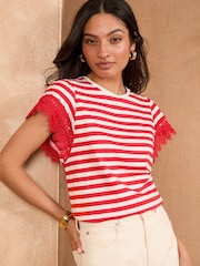 Love & Roses White and Red Stripe Lace Sleeve T-Shirt - Image 1 of 4
