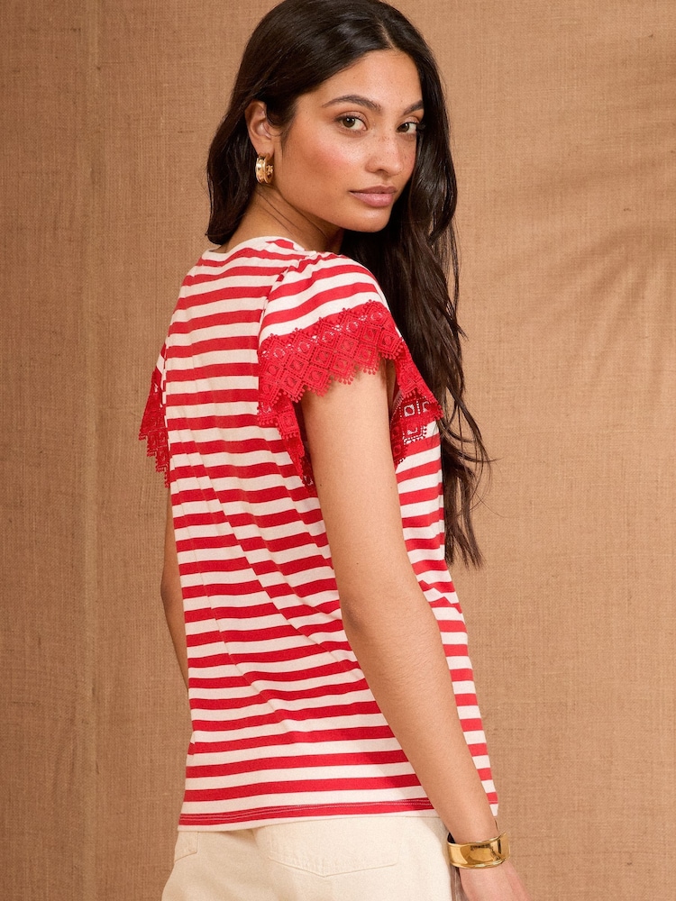 Love & Roses White and Red Stripe Lace Sleeve T-Shirt - Image 2 of 4