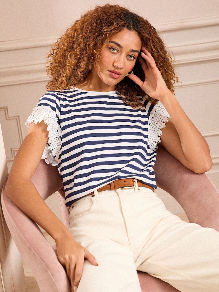Love & Roses White and Navy Stripe Lace Sleeve T-Shirt - Image 1 of 5
