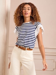 Love & Roses White and Navy Stripe Lace Sleeve T-Shirt - Image 2 of 5