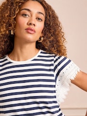 Love & Roses White and Navy Stripe Lace Sleeve T-Shirt - Image 3 of 5