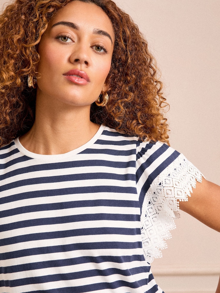 Love & Roses White and Navy Stripe Lace Sleeve T-Shirt - Image 3 of 5