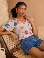 V&A | Love & Roses Pink Floral V-Neck 100% Cotton T-Shirt - Image 1 of 4