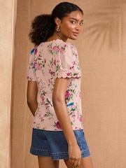 V&A | Love & Roses Pink Floral V-Neck 100% Cotton T-Shirt - Image 4 of 4