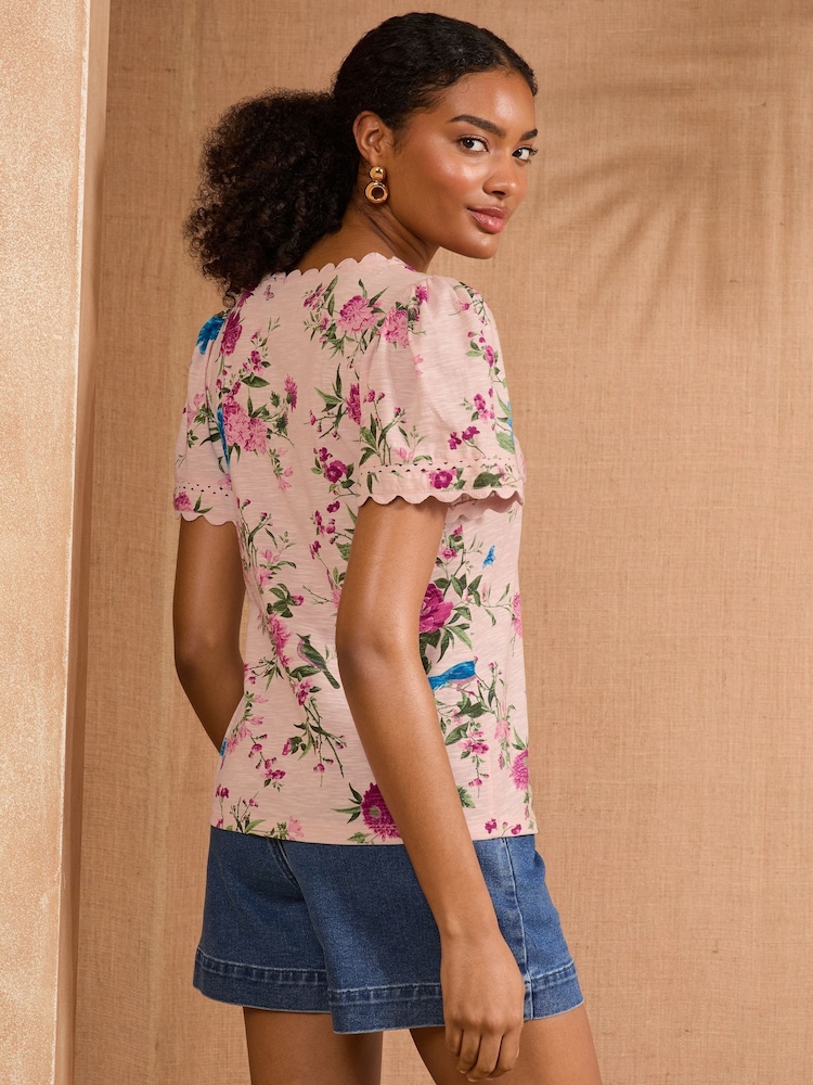 V&A | Love & Roses Pink Floral V-Neck 100% Cotton T-Shirt - Image 4 of 4