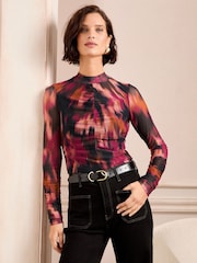 Love & Roses Pink and Orange Print Mesh Ruched Long Sleeve Top - Image 1 of 4