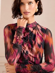 Love & Roses Pink and Orange Print Mesh Ruched Long Sleeve Top - Image 2 of 4