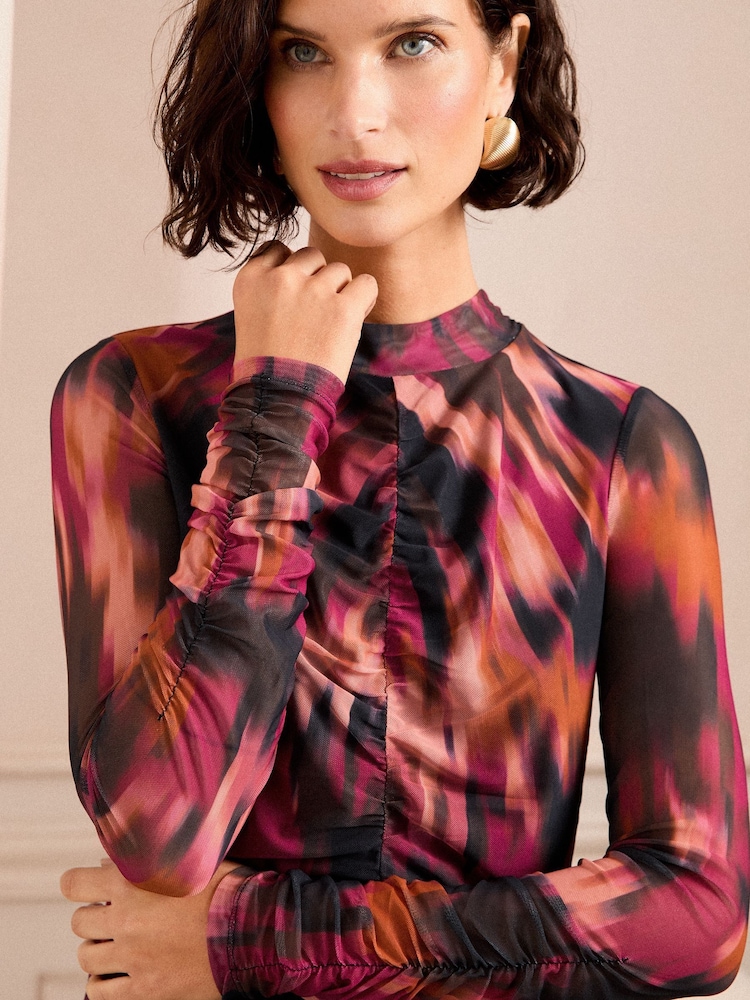 Love & Roses Pink and Orange Print Mesh Ruched Long Sleeve Top - Image 2 of 4