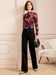 Love & Roses Pink and Orange Print Mesh Ruched Long Sleeve Top - Image 3 of 4