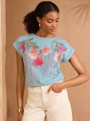 Azul claro floral - V&A | Love & Roses Petite 100% Cotton Embroidered Jersey T-Shirt - Imagen 1 de 4