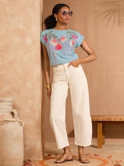 Azul claro floral - V&A | Love & Roses Petite 100% Cotton Embroidered Jersey T-Shirt - Imagen 3 de 4
