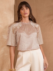 Love & Roses Rose Gold Metallic Jersey Frill Sleeve Top - Image 1 of 4