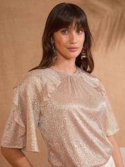 Love & Roses Rose Gold Metallic Jersey Frill Sleeve Top - Image 2 of 4
