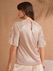 Love & Roses Rose Gold Metallic Jersey Frill Sleeve Top - Image 4 of 4