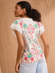 V&A | Love & Roses Ivory Woodblock Print Lace Flutter Sleeve T-Shirt - Image 4 of 4